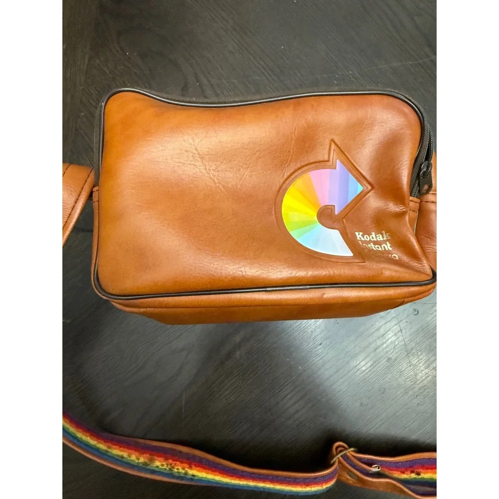 Vintage Kodak Instant Camera Bag Tan Faux Leather Rainbow Strap Retro Case
